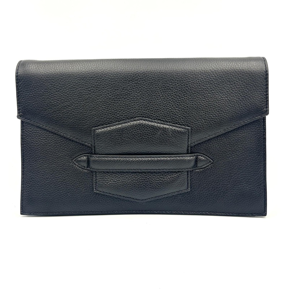 Neiman Marcus Black Pebbled Leather Envelope Clutch Bag Designer Gold Zipper M/L